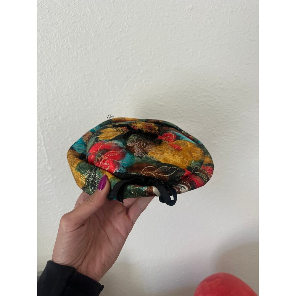 Valerie Modes Vintage Floral Jacquard Cap with Black Floral Netting Details - Picture 2 of 5